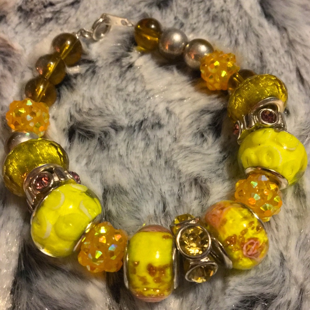 Yellow Artglass Bracelet w/ Rhinestone Accents